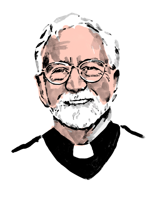 Illustration of priest with white hair and beard.